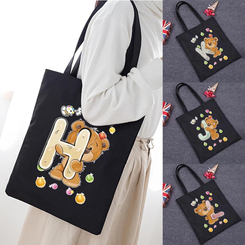 Ladies Canvas Shopping Bag Harajuku Large Capacity Women Totes Cute Bear Pattern Handbag Classic Vintage Folding Sho